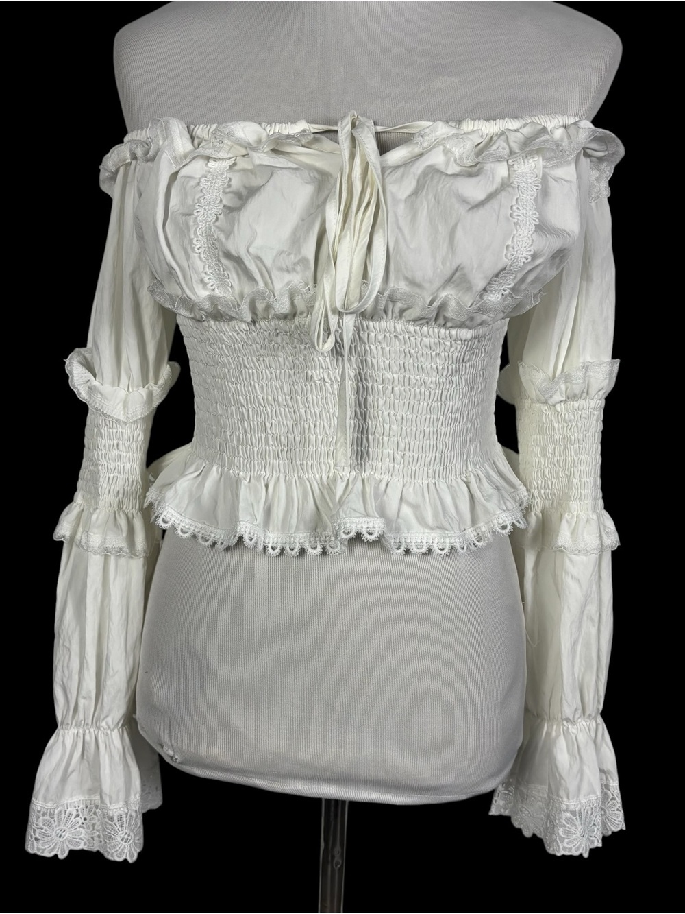 Milkmaid White Smocked Cottagecore Crop Long Sleeve Peasant Top Boho Size XS/S